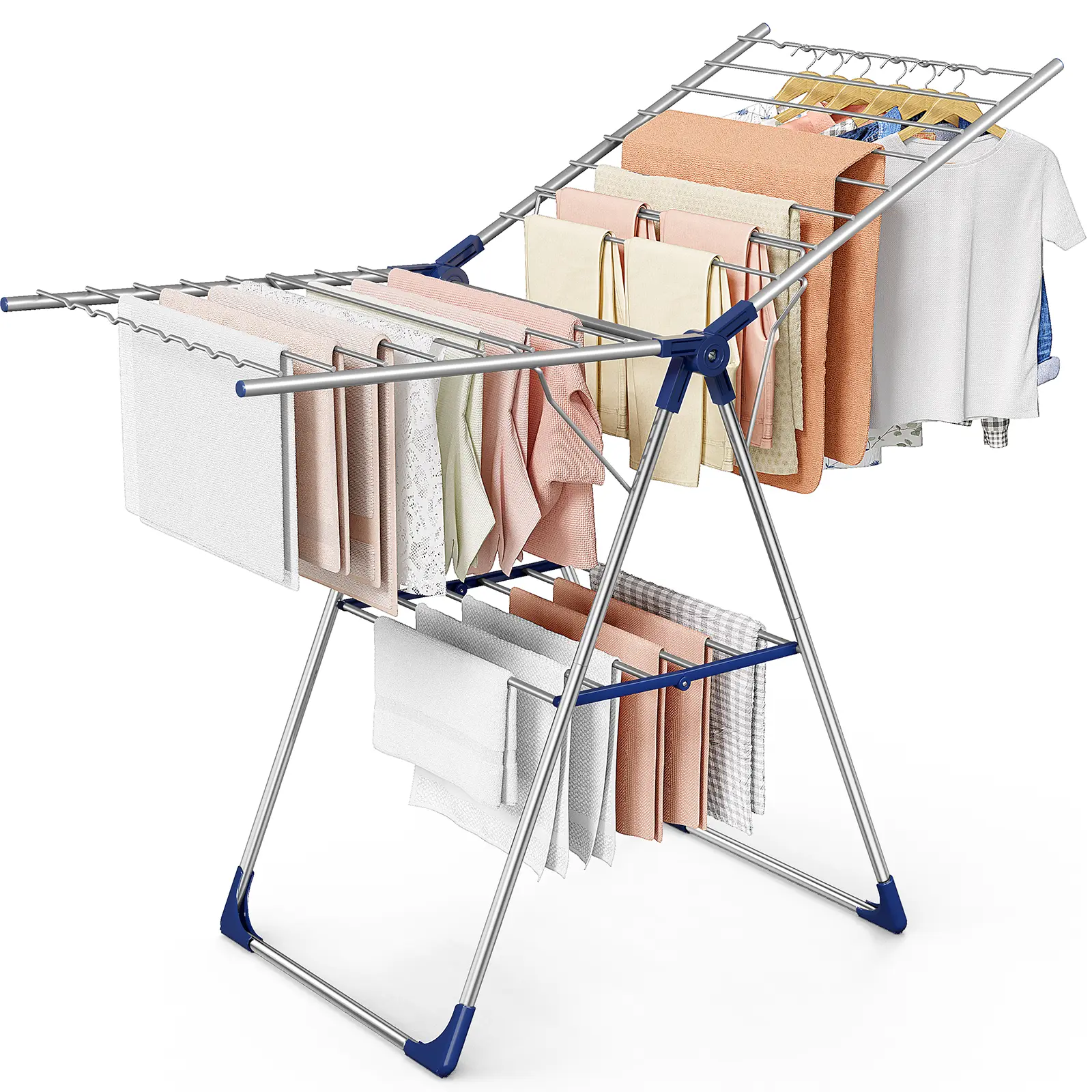 Metal Foldable Double-Wing Drying Rack, Iron-Painted Laundry Airer, Silver Blue Home Laundry Tools & Accessories