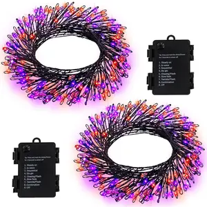 2 Pack Halloween Fairy Lights  Operated, Total 20Ft 400 LED Cluster String Lights with Timer 8 Modes Black Copper Wire Firecracker Light  for Tree  Decor (Purple Orange)