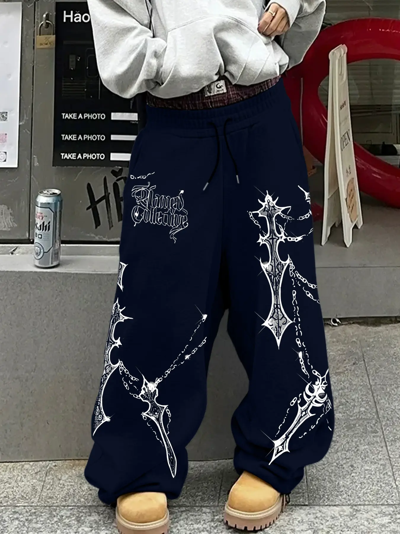 Gothic Cross Chain Print Casual Pants Unisex, Loose Straight