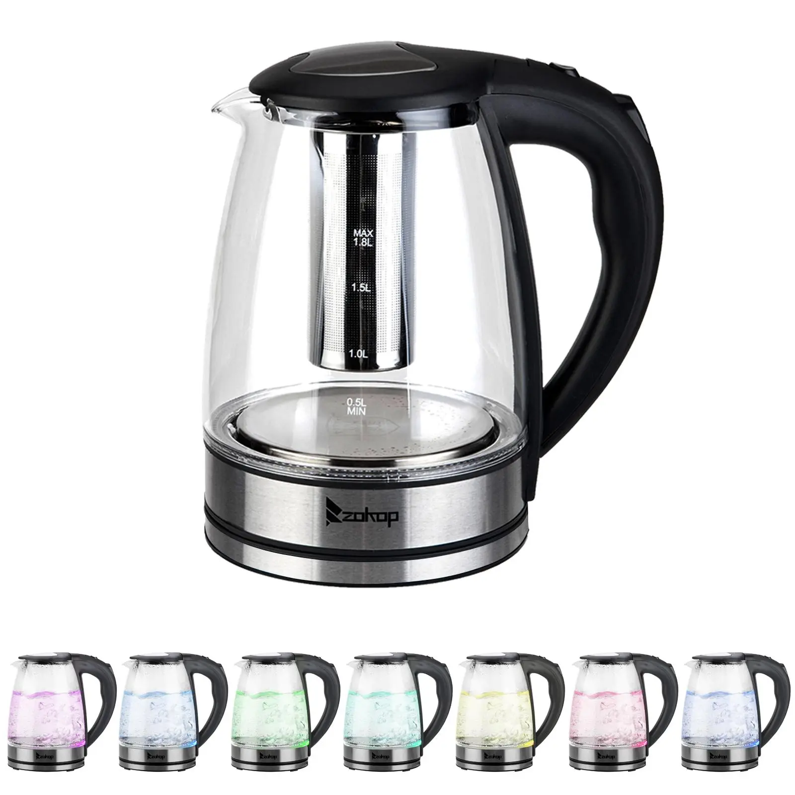 ZOKOP Corded 1800W 1.8L Electric Glass Water Kettle - 110V 50-60Hz US Plug, LED Light, 5-Min Auto Shut-Off, Boil-Dry Safe, Overheat Protection, BPA-Free Kitchen Supplies for Coffee, Tea