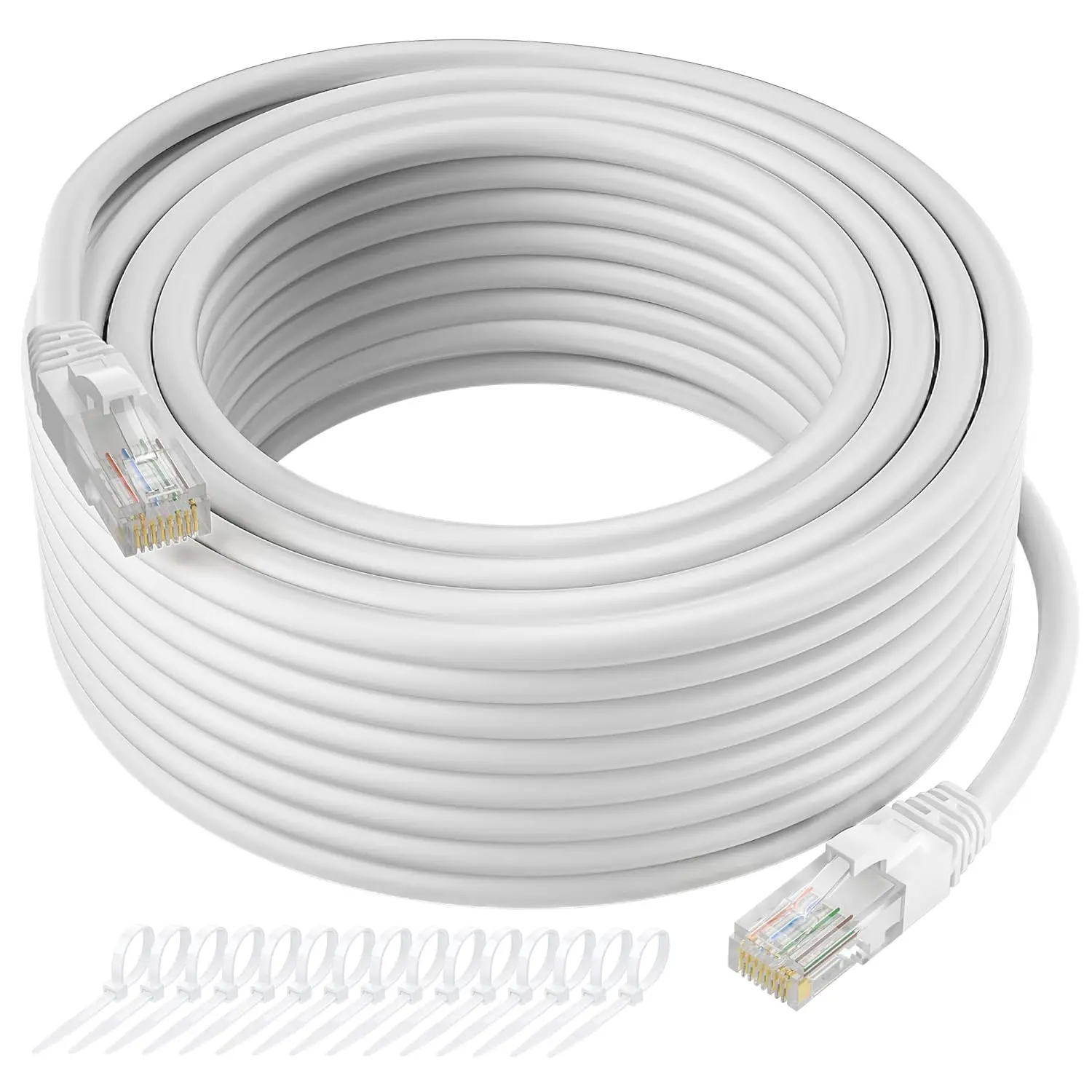 50 FT Cat5e Ethernet Cable, White Snagless Patch Cord with UV Resistance, Flexibility, RJ45 Connector for PC, Router, PS5 - Includes 15 Cable Ties (PoE, LAN Compatible)