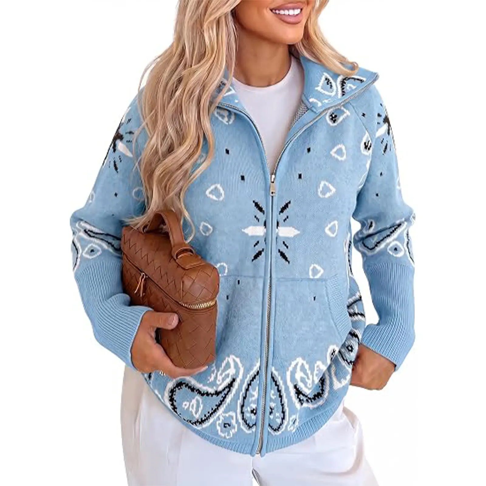 Cicy Bell Women Zip Up Cardigan Sweater Stand Collar Knit Printed Sweater Cicy Bell Women Zip Up Cardigan Sweater Stand Collar Knit Printed Sweater