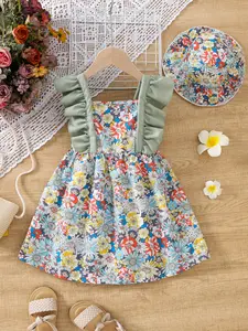 Girls' Summer Floral Print Casual Dress with Fly Sleeves, Colorful Small Flower Pattern, Fresh Sweet Style, Perfect Match with Sun Hat