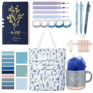 30 Pcs Bible Study Supplies for Customer Service Week Boss's Day Gift Church Boho Bible Journaling Kit with Christian Coffee Mug Canvas Bag Notebook Highlighter Pen Sticky Note(Blue)