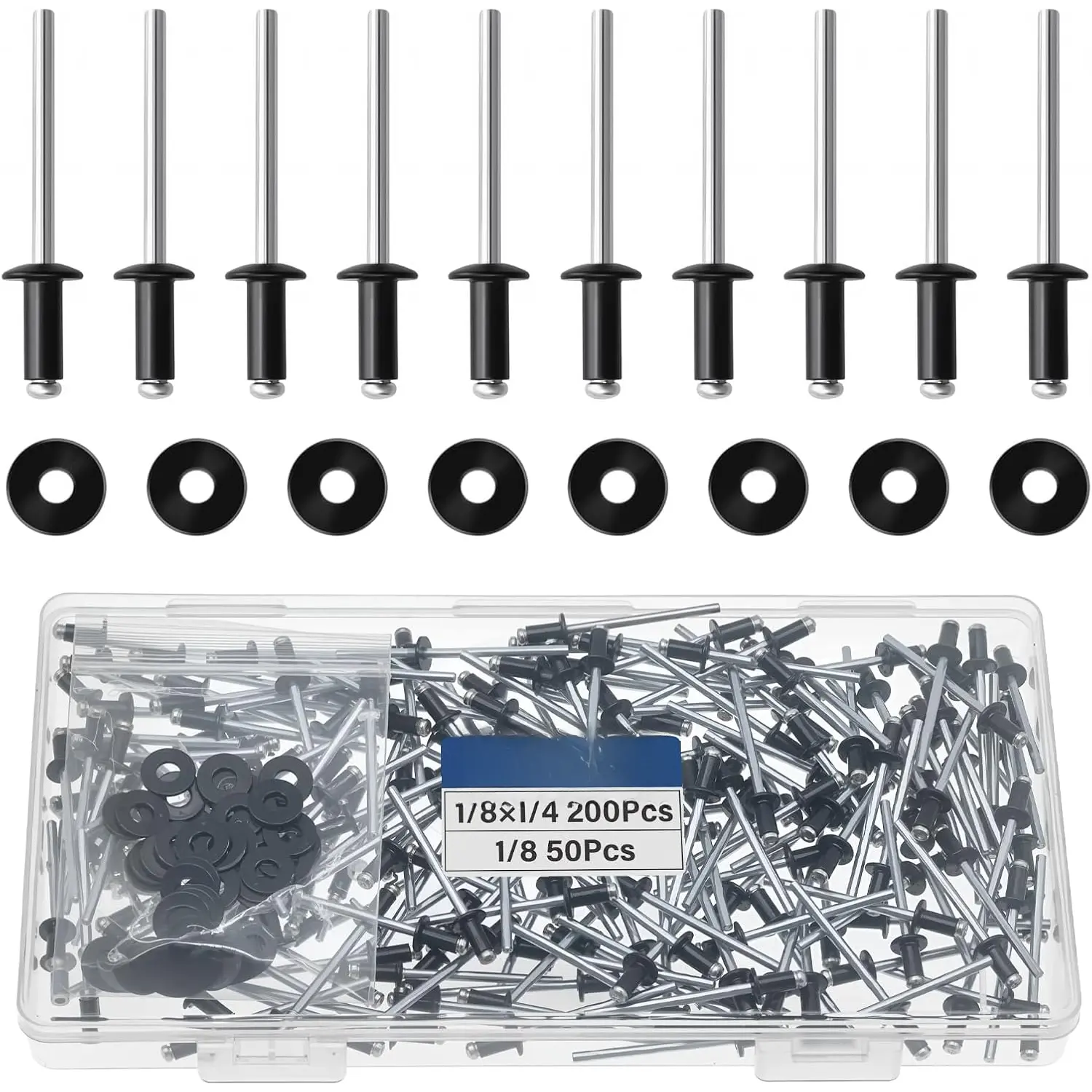 250 count 1/8" x 1/4" Black  Pop Rivets with Stainless Steel Washers 3.2 x 6.4mm Blind Rivet Assortment Kit