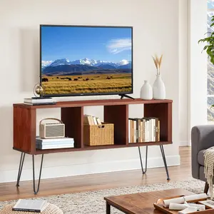 YODOLLA 50" Walnut Mid-Century Modern TV Stand, TV Up to 60 Inch, Detachable Legs, Vertical & Horizontal Storage, Record Holder Shelf for Living Room, Bedroom, Horizontal and Vertical