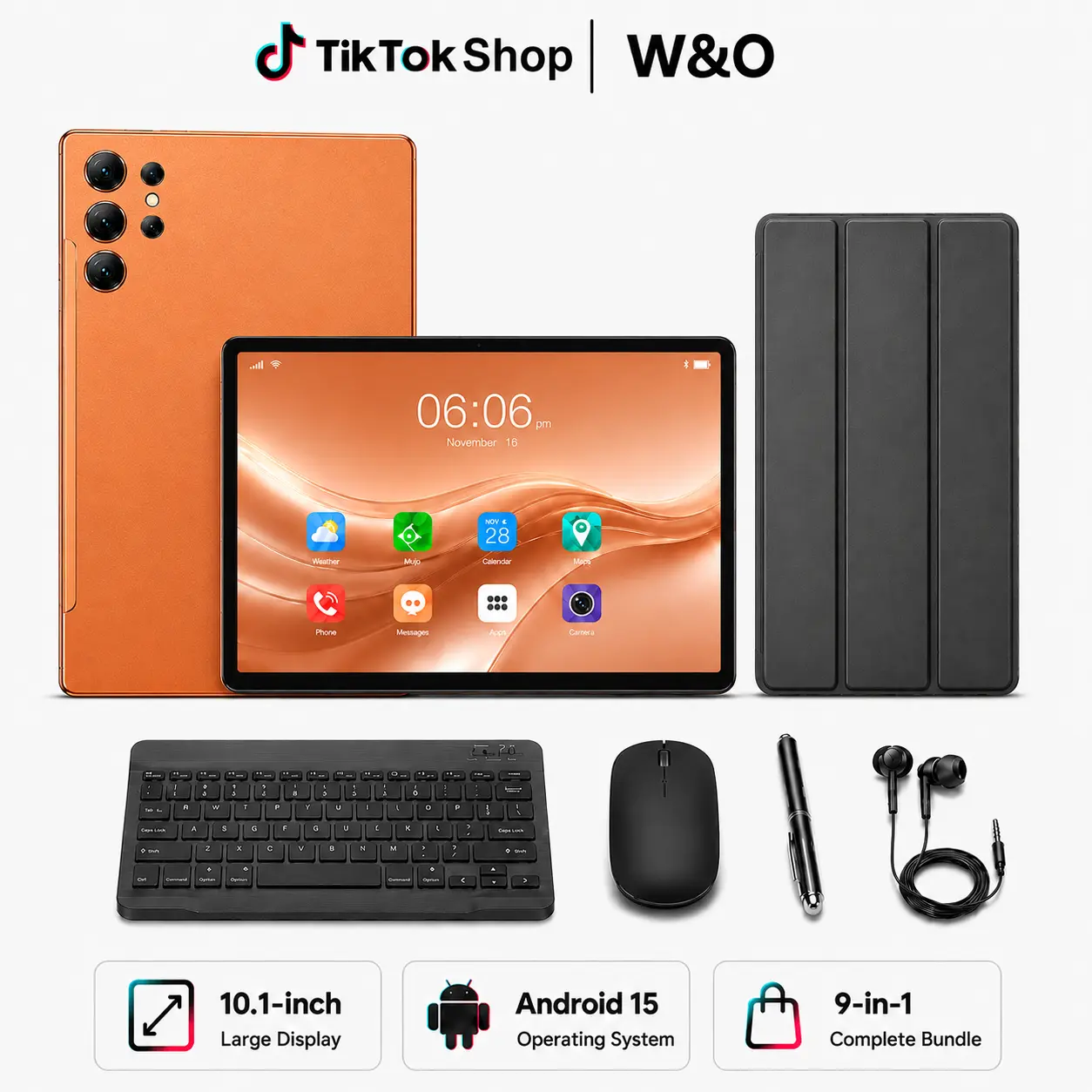 W&O X9 Android 15 Tablet, 10.1-in IPS Display, 8GB RAM 256GB ROM, 8000mAh Battery, Dual-Band WiFi, SIM + microSD Support, 9-in-1 Bundle with Keyboard, Mouse, Stylus, Case, Bluetooth, Camera for Student Streaming, Birthday/Christmas Gift