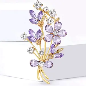 Purple Flower Brooch with Gold Accents and Crystal Embellishments for Elegant Outfits