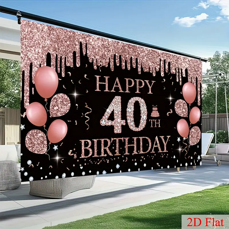 40th Birthday Party Decoration Standing Banner - Premium 100% Synthetic 1-Piece Glitter Pink & Black Backdrop, Soft, Fade-Resistant, with Balloons, Stars, Confetti, Letters, Balloon Decor, Ideal for Indoor/Outdoor Celebrations, Photo Booths