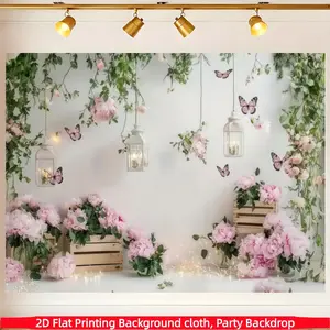 1PC,Flower Butterfly Background Banner, Lantern Fairy Light Floral Decor, Durable Polyester for Photography Studio Props, Photo Backdrops
