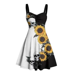 2025Women'sGothicDressesContrastColorSunflowerSkullsPatternRuchedBustDressSweetheartNeckALineMiniHolidayHalloweenDress