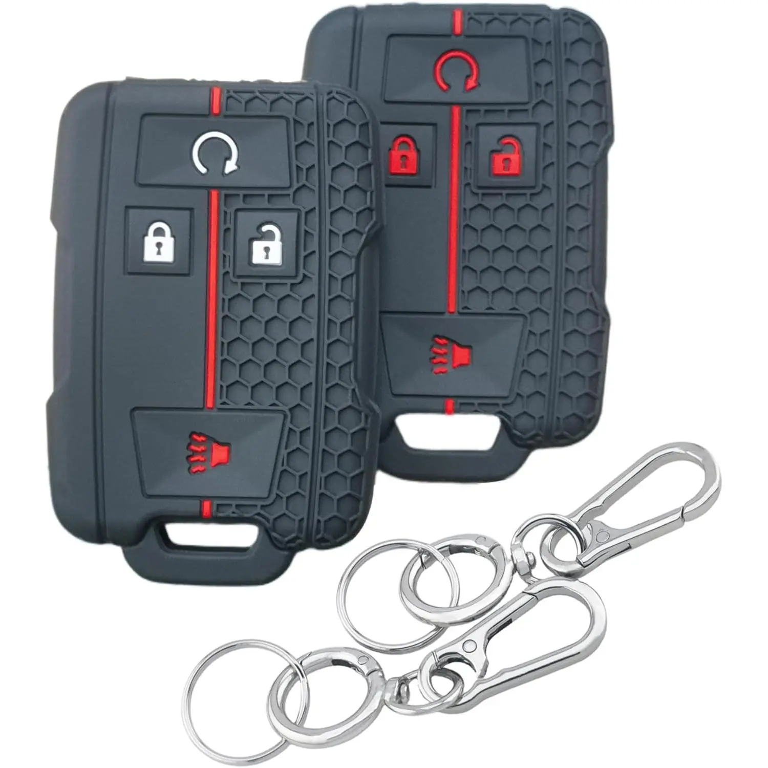 2Pcs 4 Buttons Silicone Smart Key Fob Cover for 2014-2019 GMC Canyon Sierra Yukon Chevrolet Chevy Colorado Silverado Suburban Tahoe (Black with Red/White)