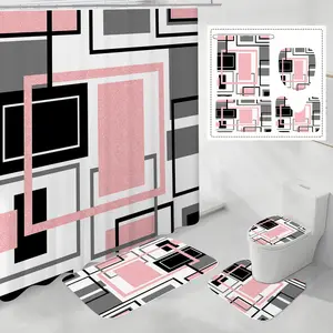 Decorative Geometric Waterproof Shower Curtain Set, Multi-Functional Bathroom Accessories with Hooks, Mats and Toilet Seat Cover, Complete Decorative Set