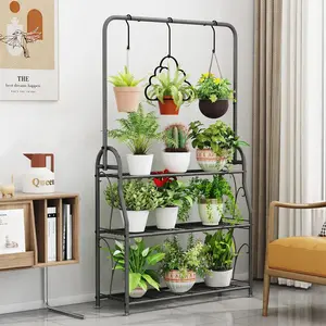 3-Tier with Hanging Metal Plant Stand Planter Shelves Flower Pot Organizer Rack Multiple Flower Pot Display Holder Shelf Indoor Outdoor Heavy Duty Planter Shelving Garden Home