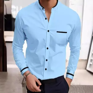 Men’s long-sleeve shirt for spring and autumn, solid color with pockets and stripes, loose fit, casual men’s shirt, fashion trend, can be worn with a raincoat