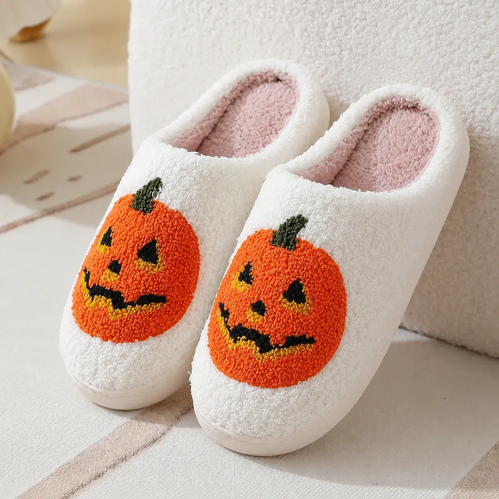 Women's Faux Fur-Lined Skull Pumpkin Ankle Slippers, Flexible Antislip Soft Sole Flat Slides, Fluffy Bedroom House Shoes, Halloween Gift