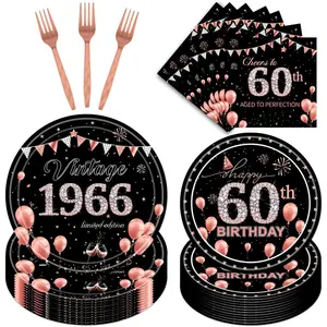 60th Birthday Decorations Women, 96PCS 60th Birthday Party Plates Forks Napkins Supplies, Rose Gold 1966 Party Paper Tableware Vintage Dinnerware Decor Woman