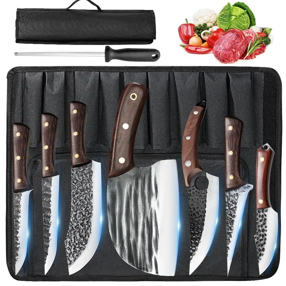 【BackToSchool】8PCS Professional High Carbon Steel Chef & Butcher Knives Set, Japanese Damascus Pattern, Hand Forged, Ergonomic, with Sharpening Capability, Roll Bag, for Kitchen Use, Fathers Day Gift for Men, 8Pcs Set, Copper Nails