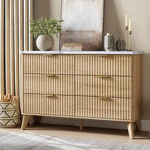 Modern Fluted 6 Drawer Dresser Curved Profile with Handles Deep Wooden Storage Chest for Bedroom Living Room Kids Room Available in Natural Wood Finishes