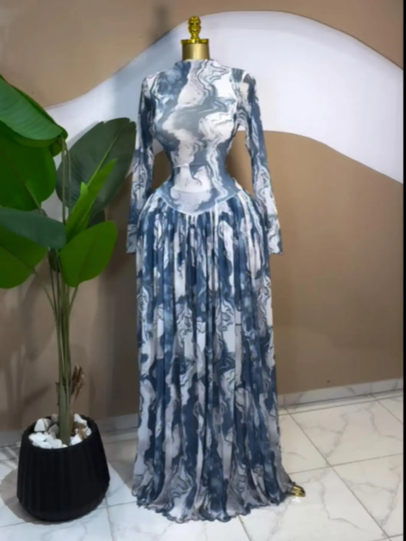 PULKRITU Women's Long Sleeve Tie Dye Print O-Neck A-Line Prom Dresses, Fancy Dress, Formal Wear, Elegant Chic Evening Party Outfit Gown, Perfect for Birthdays and Special Occasions,Lady Red Skirt,Engagement Dress