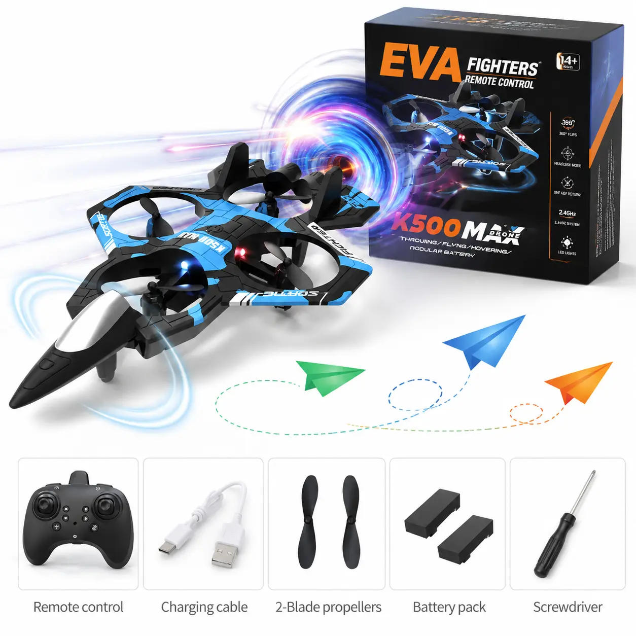 Newly Upgraded RC Fighter Jet/Drone for Kids—Foam RC plane featuring LED lights, altitude hold/hover, 360° flips, and stunt spins; adjustable speed, suitable for boys and girls; perfect for indoor and outdoor use; includes 2PC batteries—an ideal gift!