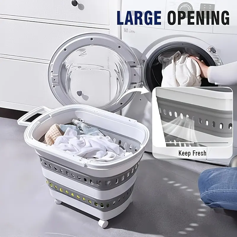 50L Collapsible Plastic Laundry Basket Hamper with Wheels, Foldable Laundry Basket with Handles, Pop Up Storage Container Organizer for Washing Storage