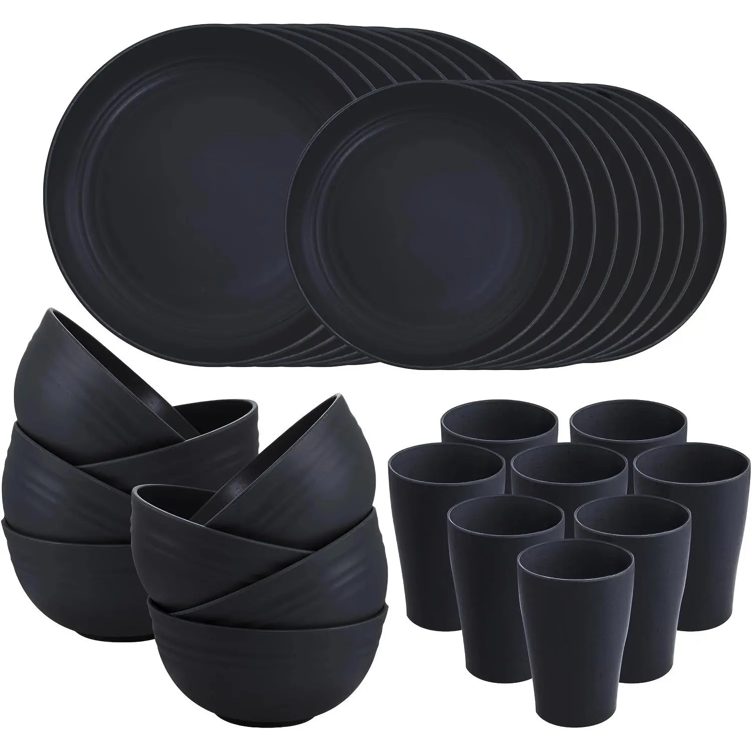 Sebastian CADIA Black 32-Piece Lightweight Geometric Reusable Plastic Modern Round Tableware Set (Dinner Service Set) for 8, Unbreakable, Dishwasher & Microwave Safe, Plates & Bowls Included, Kids-Safe Outdoor Dinnerware