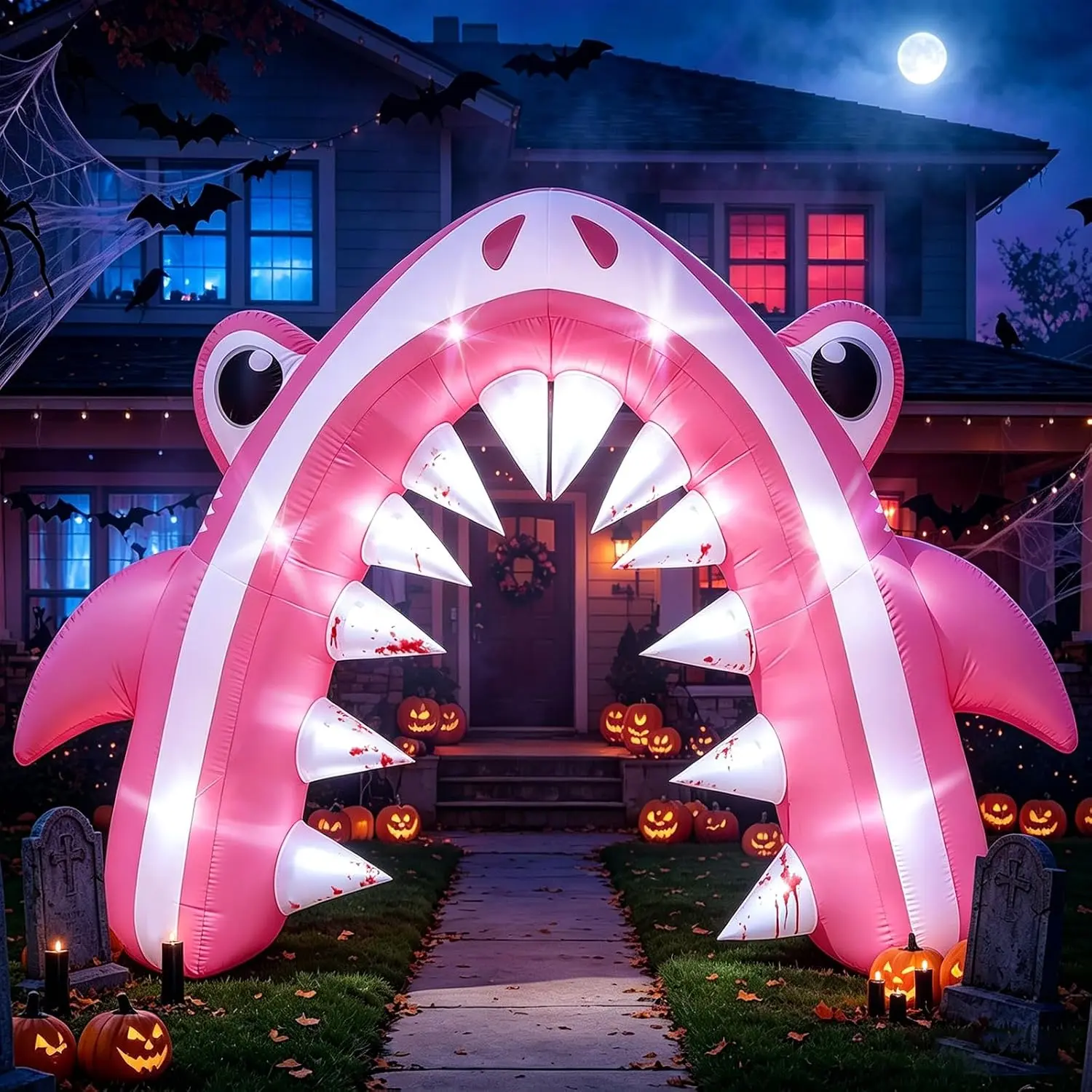 13FT 2026 Halloween Pink Shark Inflatable Arch for Yard Lawn Decor – Giant Shark Blow Up with Built-in 6 LED Lights and 1 Blower for Indoor Outdoor Halloween Shark Birthday Party Decoration