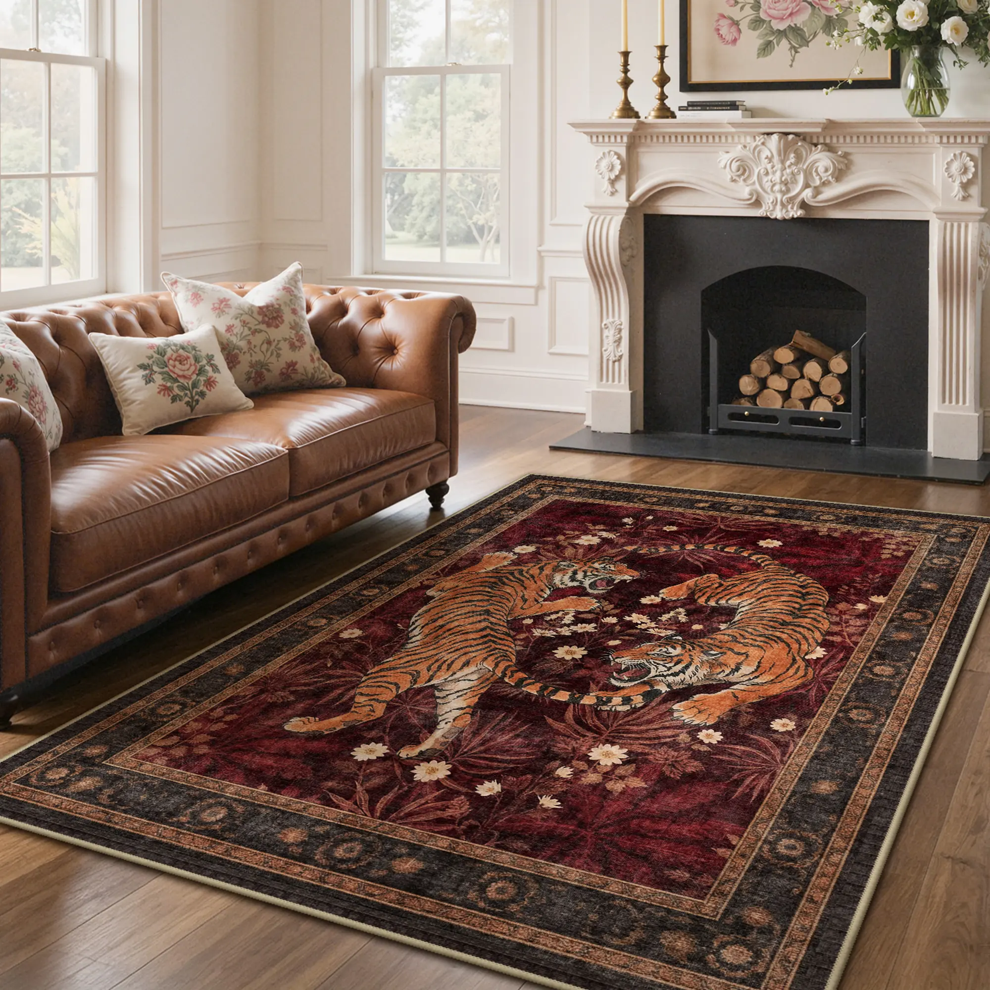 【Back To School】GENIMO Tiger Print Area Rugs, Boho Vintage Oriental Living Room Rug, Non Slip Washable Rug Stain Resistant, Low Pile Thin Soft Animal Botanical Carpet for Bedroom, Dining Room, Office, Red