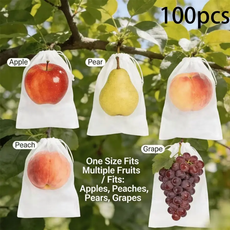 100pcs Breathable Insect-Proof Fruit Net Bags, Hidden Drawstring, Protect Apples and Grapes, One Size Fits Multiple Fruits, Bird and Pest Guard, Orchard Use, Garden Supplies