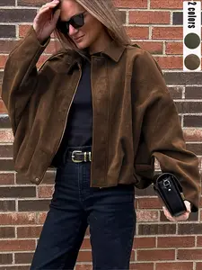 Ladies' retro suede jacket, bomber jacket, brand new regular style artificial leather long-sleeved single-breasted loose and casual short coat, Outerwear with pockets and metal buttons, suitable for windproof jackets when going out in autumn and winter