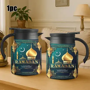 1pc 34oz Insulated Water Bottle Stainless Steel Drinkware Gold Mosque Moon Star Pattern Ramadan Text Good Luck Festive Home Use
