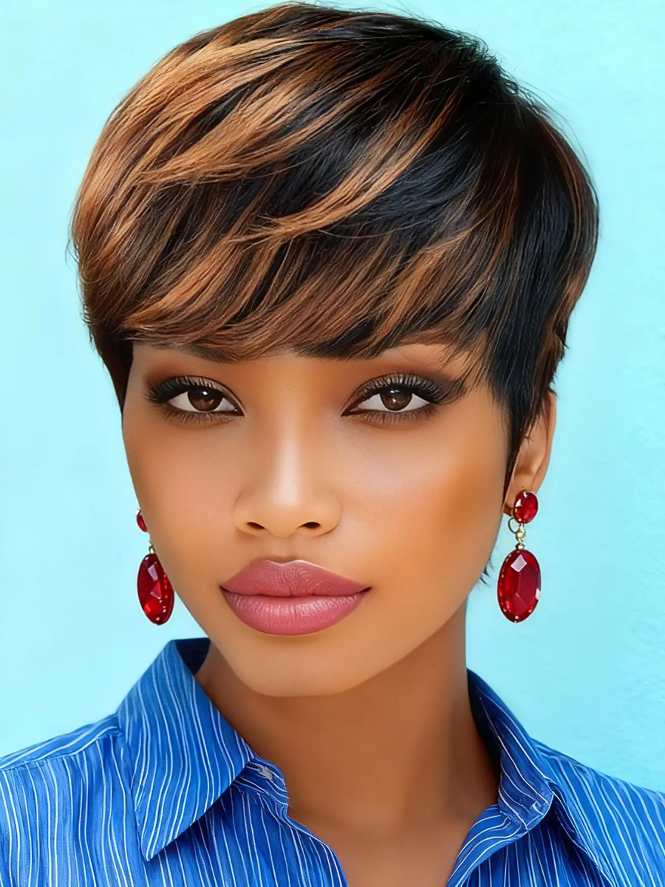 Short 1/30 Highlight Human Hair Wig Full Machine Made Wig Straight Pixie Cut Wig Pixie Wigs For Women With Bangs Halloween Real Hair Wigs