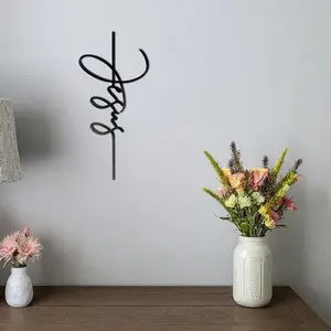 Signature Jesus Metal Wall Art, Vertical Cross-Shape Minimalist Monochrome Text Logo Christian Decor, 18.56cm x 40cm Crucifix Pendant Ornament, Home Decoration,summerwins