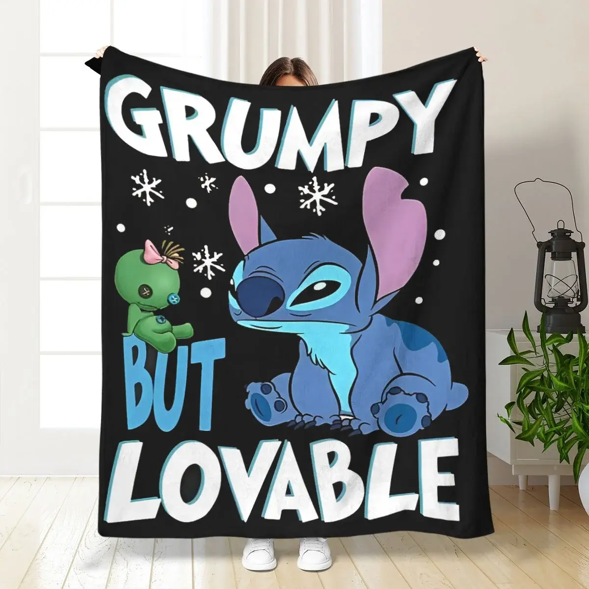 [SummerVibes] DISNEY CLASSIC Stitch "Grumpy But Lovable" Flannel Blanket - Soft Cozy, All-Season Multi-Use for Home, Office & Outdoor
