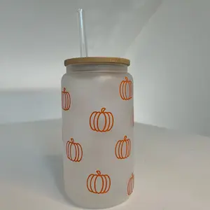Pumpkin Fall Iced Coffee Cup - Bamboo Glass Lid Tumbler - Perfect for Spooky Season - Mug, Bottles