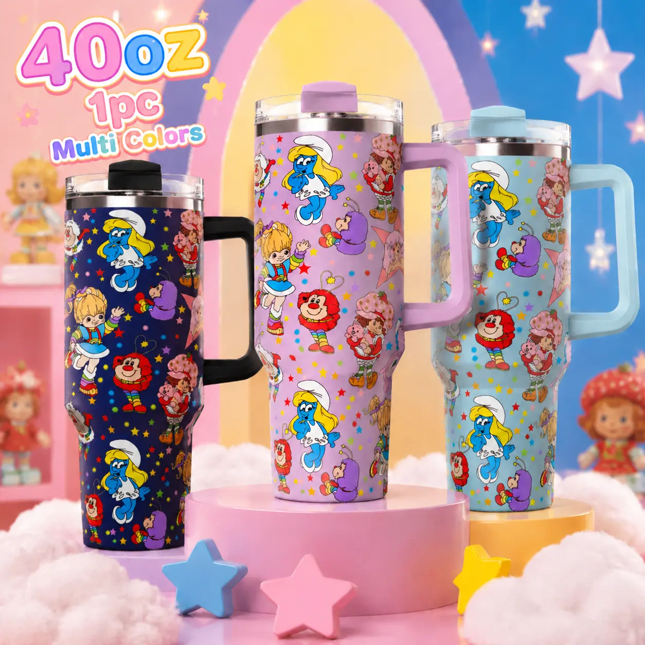 1pc 40oz Vintage 80s 90s Cartoon Collage Tumbler With Colorful Handle Straw Retro Rainbow Brite Smurfette Strawberry Shortcake Print Stainless Steel Insulated Travel Cup Reusable Drinkware Nostalgic Gift For Fans
