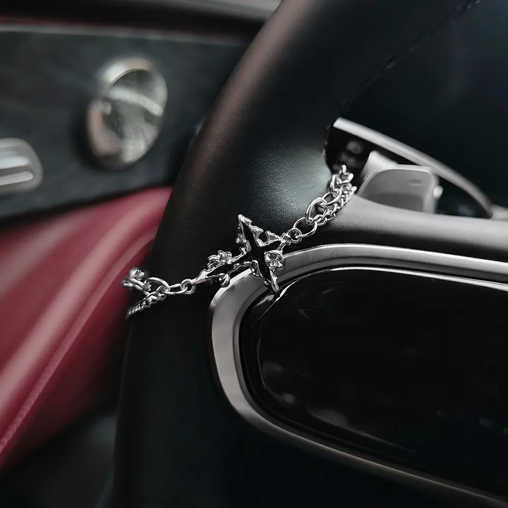 Silver Color Chain with Cross Pendant Car Steering Wheel Decor, Gothic Car Decoration, Gothic Car Accessories, Car Interior Accessory, Unique Gift for Him or Her