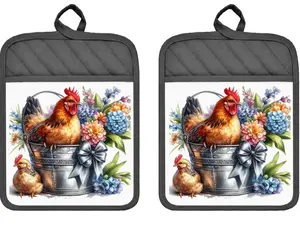 Farmhouse Pot Holders - Rooster Chicken Flowers Designs - Kitchenware, Bakeware, Machine-Safe Kitchen Accessory (DZ419DPH)