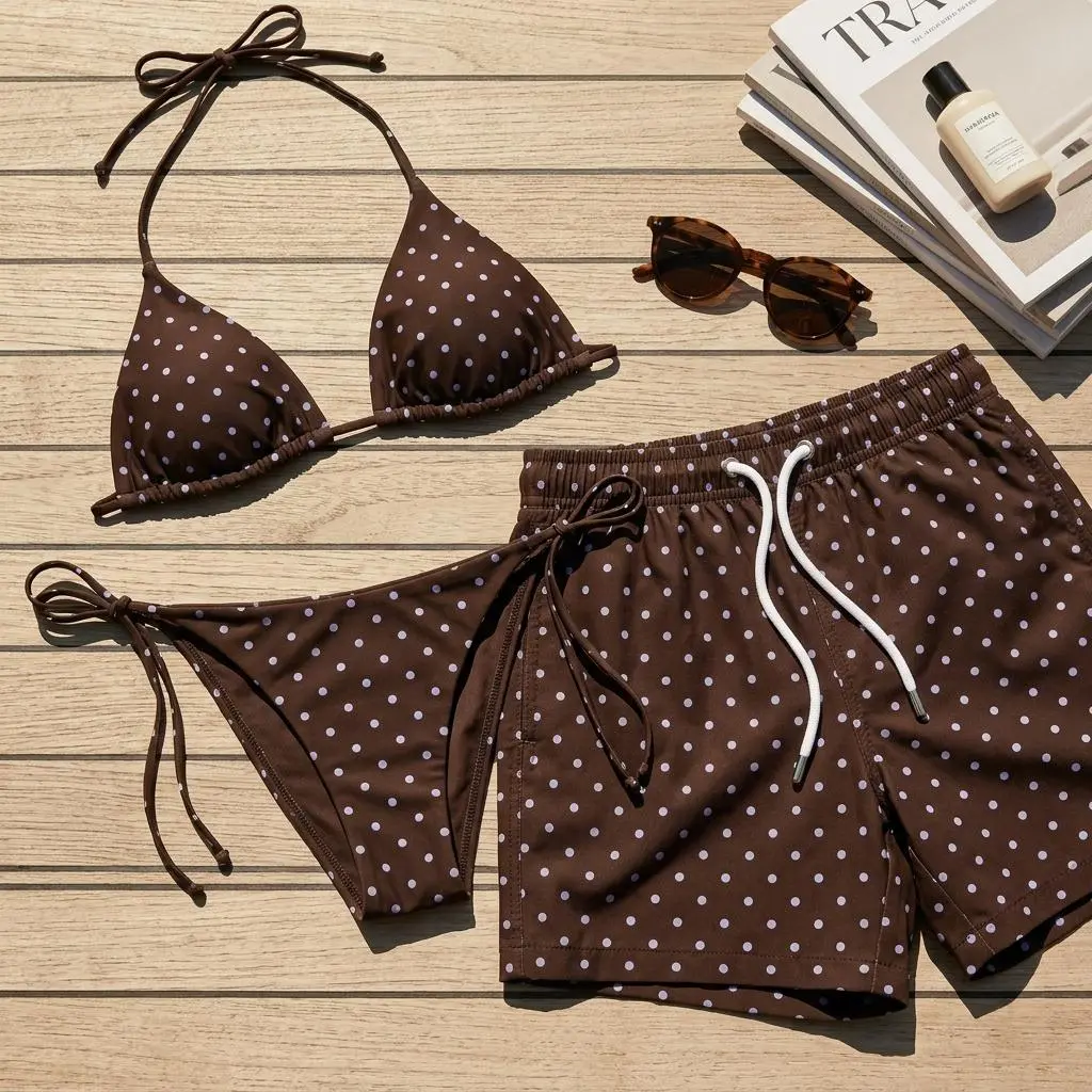 Y2K Polka Dot Women String Bikini & Men Swim Trunks His and Hers Vacation Outfits Aesthetic Summer Beach Wear Honeymoon Pool Party Essentials Tre