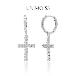 UniMoiss VVS Moissanite Bling Cross Clip Hoop Earrings Jewelry Perfect Birthday Mother’s Day Christmas Gift for Men Women Golden Earrings Wedding Set