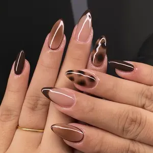24 Almond Shape Nail Tips, Nude Base with French Tip & Tortoiseshell Print, Glossy Reusable False Nails, Includes Jelly Glue & File, Nail Set