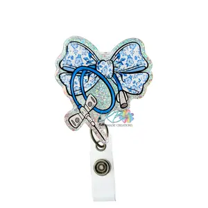 Blue Floral Phlebotomy Butterfly Bow Badge Reel – Handmade Retractable ID Holder, Made to Order Phlebotomist Badge Clip, Office Nurse Teacher Staff Lanyard Accessory, Gift for Coworkers