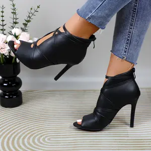 Women's Peep Toe Ankle Booties 4-inch Stiletto High Heel Sandals PU Leather Sexy Strappy Cutout Fashion Comfortable Short Boots Heeled Ballroom Dance Footwear Casual Dress Shoes with Back Zipper for Party Wedding Evening Daily Wear