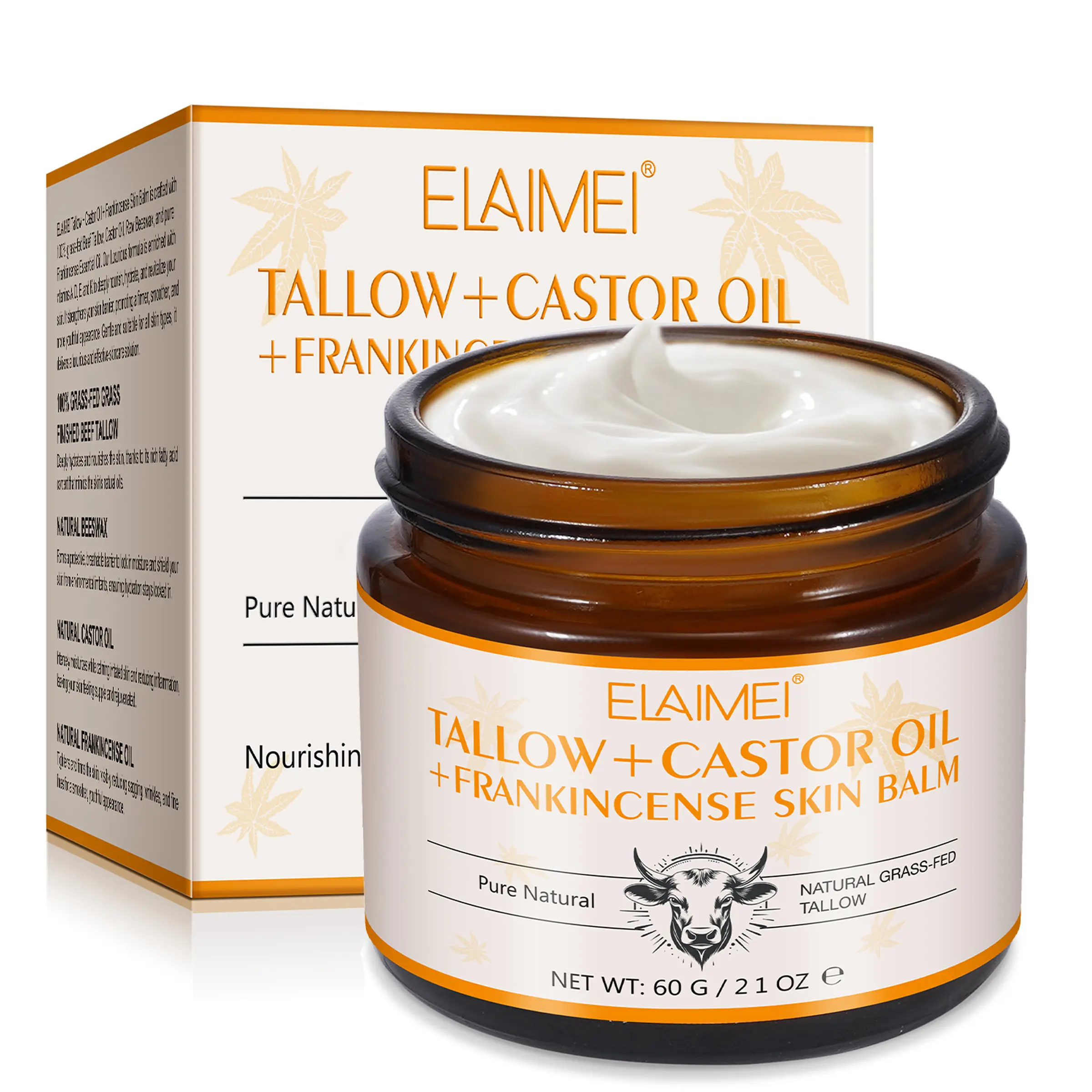 TALLOW+CASTOR OIL+FRANKINCENSE SKIN BALM 60g, Grass-fed Beeswax Moisturizing Beef Tallow Face Moisturizer Cream & Hydrating Cream, Long-lasting Moisturization, Deeply Moisturising, Moisturizing, Moisturize Dry Skin, Suitable for Sensitive Skin