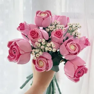 10374 Pink Rose Bouquet Eternity Flower Building Blocks Valentine's Day Assembly Toy Girl Gift Baby's Breath Rose Building Blocks Toy Valentine's Day Gift for Girls on Festivals Artificial Flower Decoration