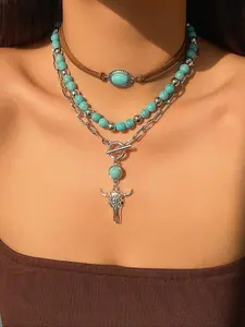 Vintage Cow Head Decor Beaded & Pendant Necklaces, Boho Style Turquoise Decor Necklace for Women & Girls, Party, Daily Clothing Decor, Birthday Gift, Daily Wear Necklace