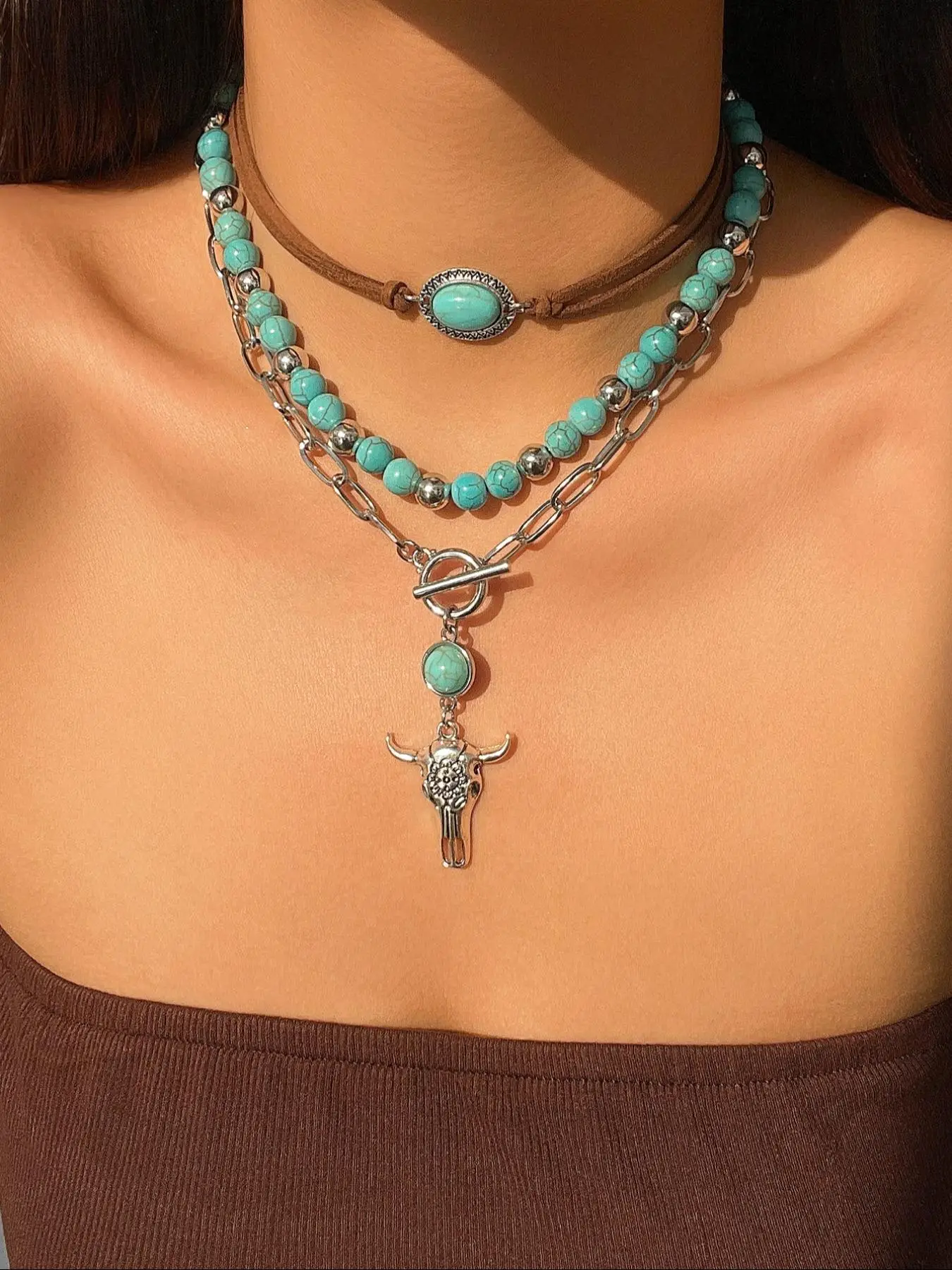 Vintage Cow Head Decor Beaded & Pendant Necklaces, Boho Style Turquoise Decor Necklace for Women & Girls, Party, Daily Clothing Decor, Birthday Gift