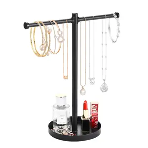 Jewelry Necklace Organizer Stand,13.2" Tall Sturdy Metal Jewlery Stand with Round Tray for Bracelet Bangles Holder Display,Long Necklace Organizer Holder