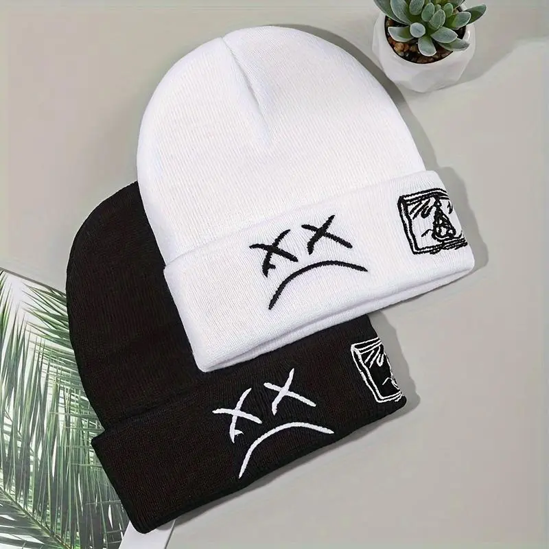 Sad Face Embroidered Cuffed Knit Hat, Warm Winter Beanie for Hip Hop Style, Unisex Men's Hats & Accessories for Women, Knit Hats, Beanie Fitted